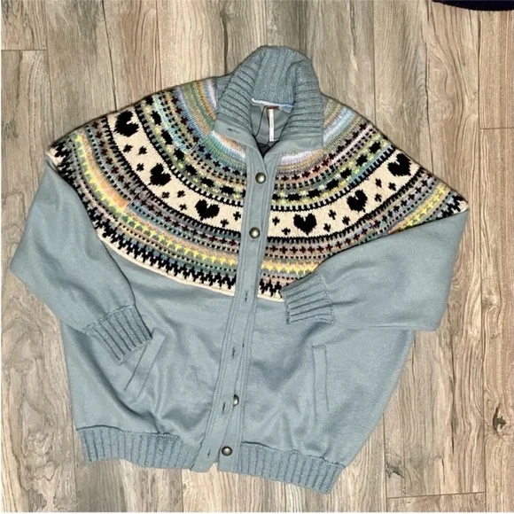 Free People - Emily Sweatshirt Fair Isle Heart Oversized Fleece Jacket - Sz. XS - Picture 3 of 6